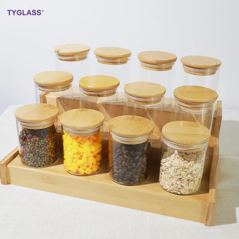 Home use 12pcs Eco-friendly bamboo lid glass storage spice jar set with airtight lid jar