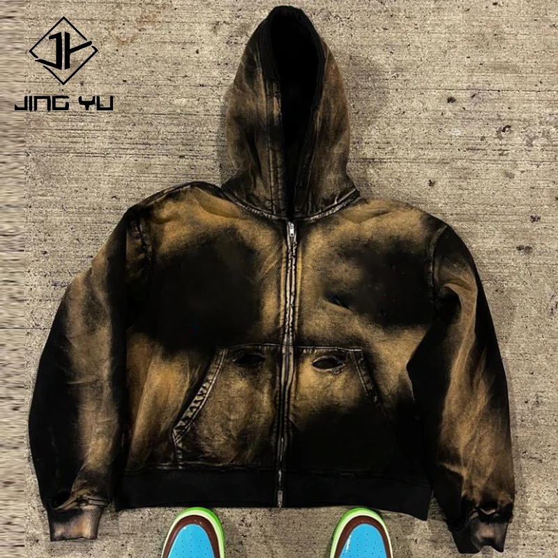 wholesale high quality blank heavyweight 500gsm sunfaded hoodie vintage distressed french terry acid wash zip up hoodie