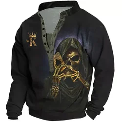 Wholesale Skull Graphic Prints V Neck Henley Sweatshirt Plus Size Button Up Jerseys Gym Fitness Durable Sport Sweater For Men