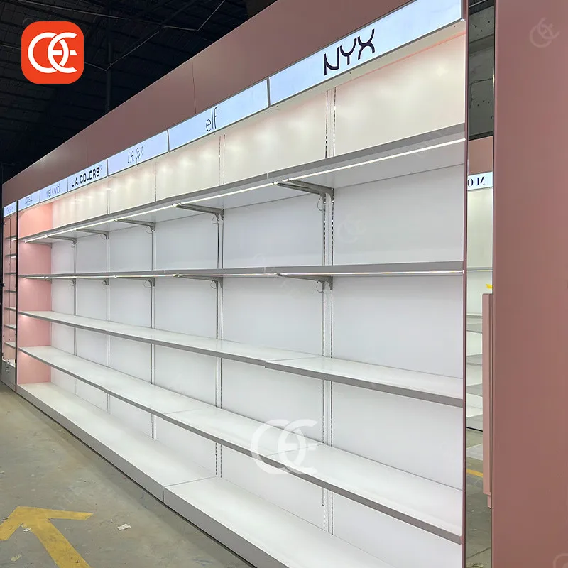 Pink Cosmetic Store Design Beauty Hair Products Display Shelves For Retail Store With Light Beauty Supply