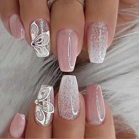 Custom Logo Nude Pink Short Coffin Anime French Style Acrylic False Square Artificial Butterfly Press On Nail 24 Pcs French Tip