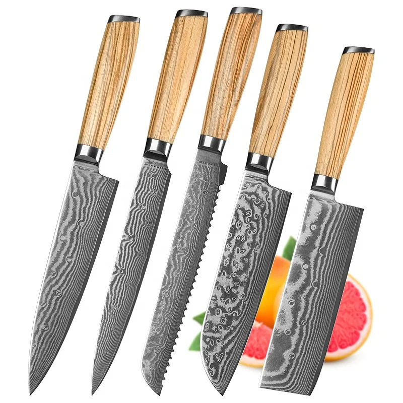 New product explosion zebra wood vg10 steel chef knives handmade damascus chef set of 5pcs