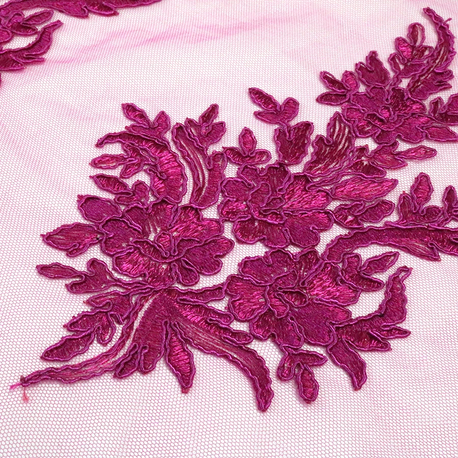 Wholesale Magenta 3D Cording Embroidery Lace Fabric Flat Embroidery for Party Dress
