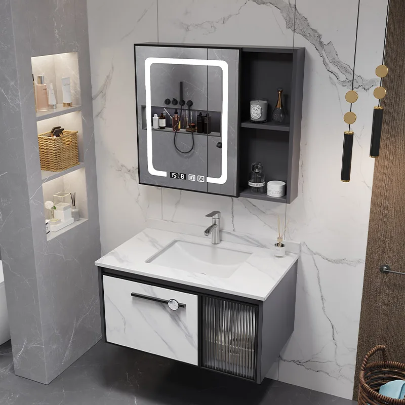 Modern luxury design wall mounted bathroom cabinet rectangle mirror rock plate bathroom vanity cabinet