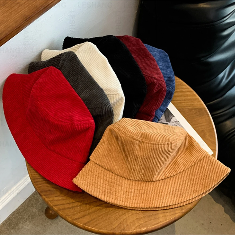 Solid Color Fashion Men Women Sun Protection Flat Top Wide Brim Fisherman Caps Custom Embroidery Logo Corduroy Bucket Hats