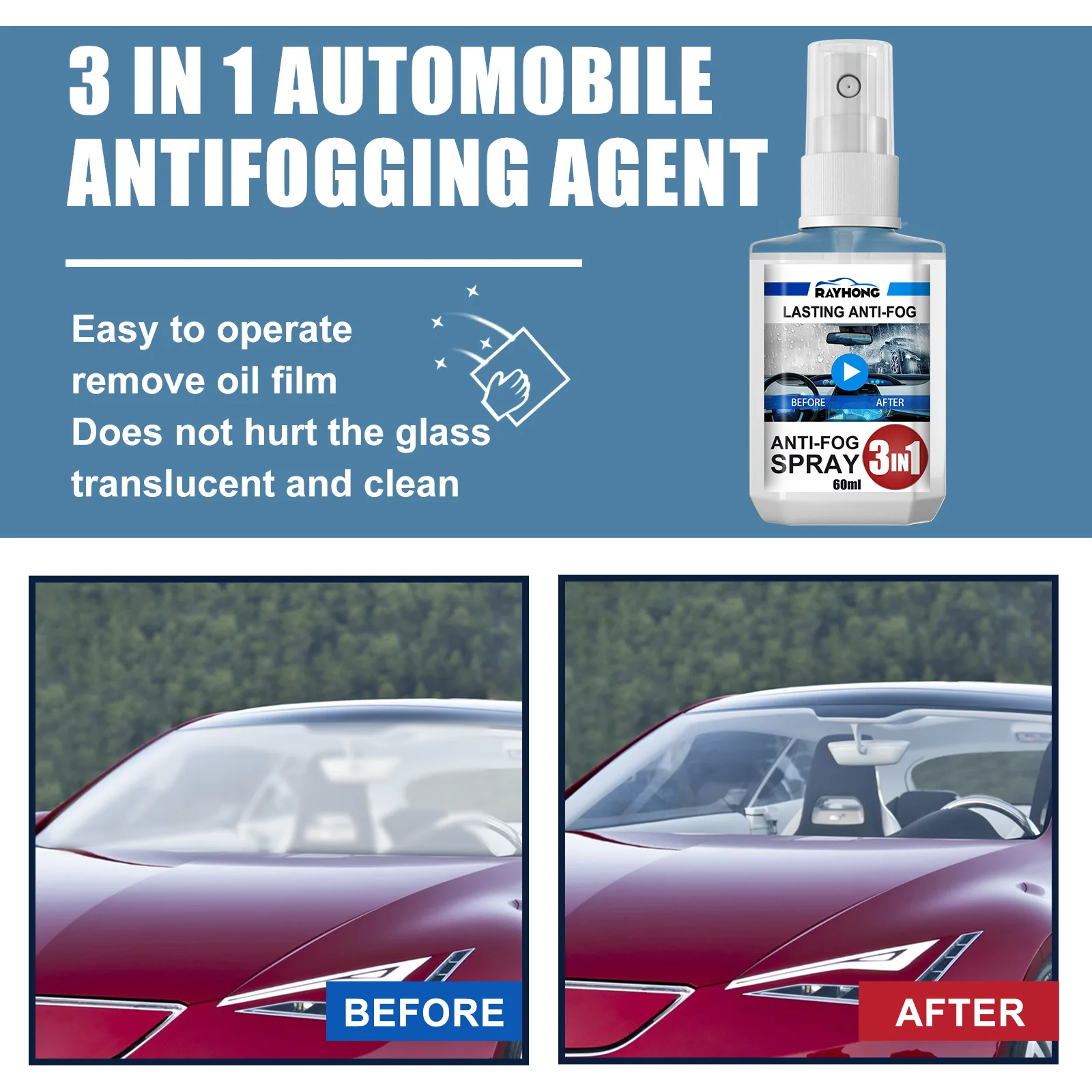 C0892 3-in-1 car anti fog agent  car windshield front and rear home dual purpose cleaning rain and anti fog agent
