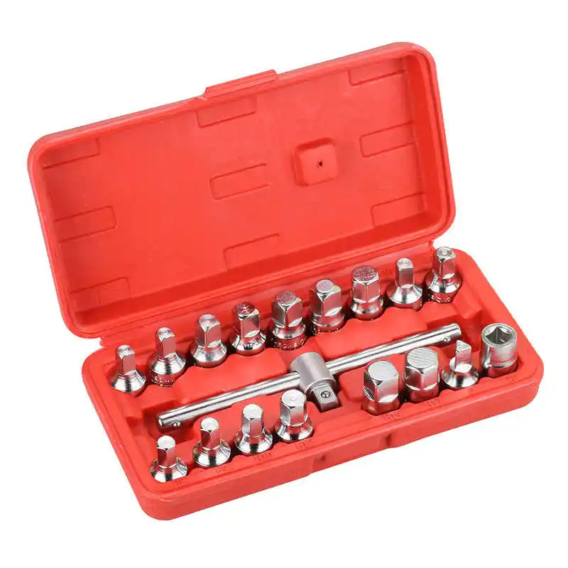 18 PCS Oil Drain Pipe Plug Socket Set Screws Removal Tool Triangle Square Hexagon T-bar Remover Sleeve Special Tools