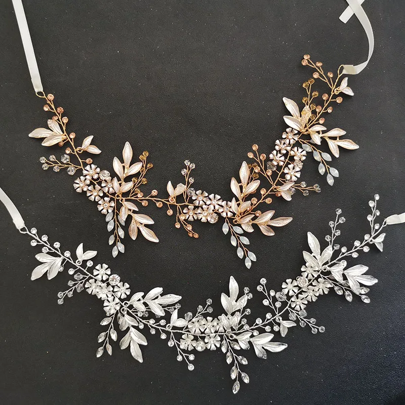 SLBRIDAL Alloy Flower Leaf Crystals Rhinestones Bridal Hairbands Wedding Headband Hair accessories Bridesmaids Hair Vine Jewelry