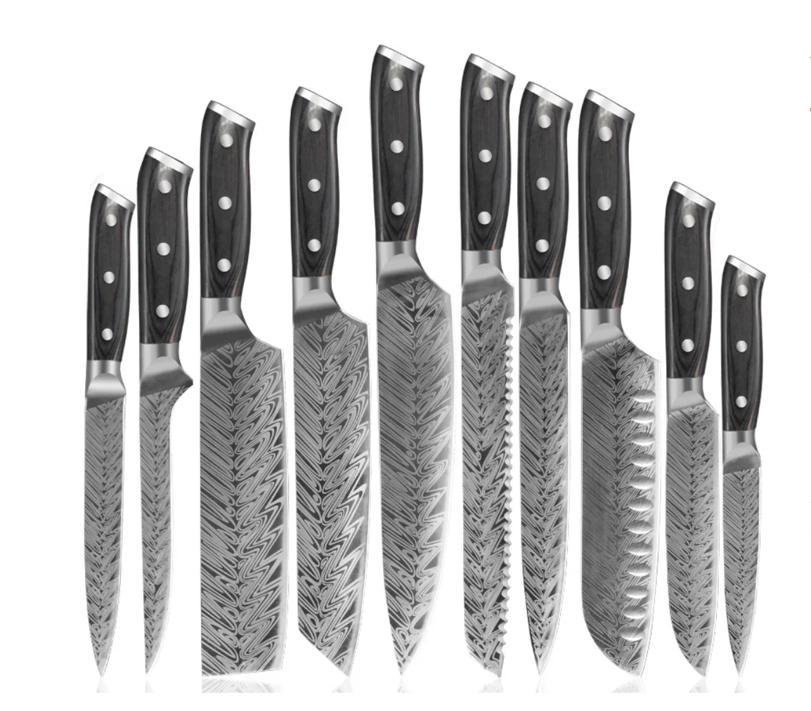 Professional   damascus laser patter steel luxury   black  kitchen knife set with oak wooden block and  acrylic stand