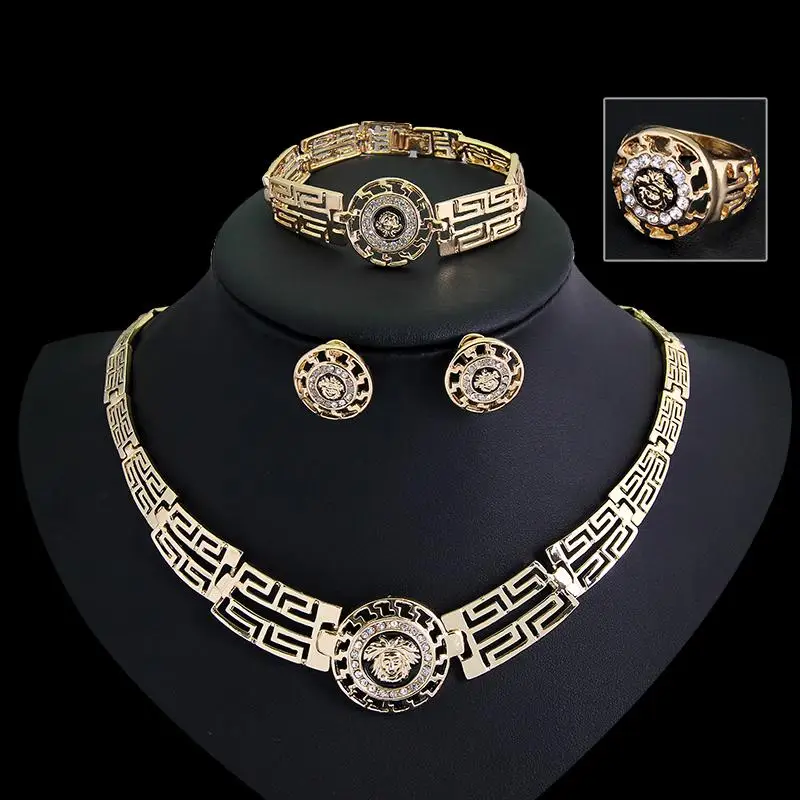  Vintage Charming Euramerican Round Necklace Earring Bracelet Ring Set for Women 4-Piece
