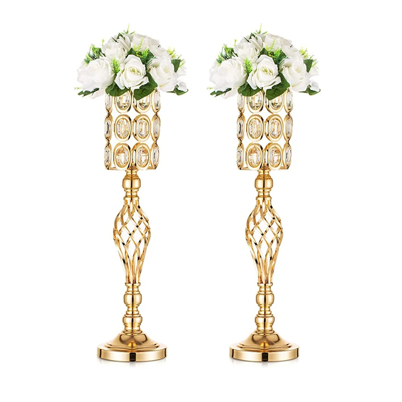 Metal Diamond Crystal Wedding Centerpiece Vases for Tables, Gold Versatile Tall Flower Holders Centerpiece Flower Stands