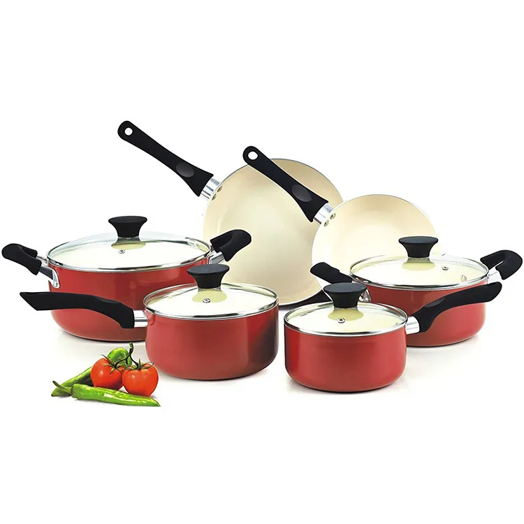 10Pcs Olive Green Non Stick Frying Pans Saucepan Sets With Cooking Spatula And Spoon Aluminum Cookware Cooking Pots Set