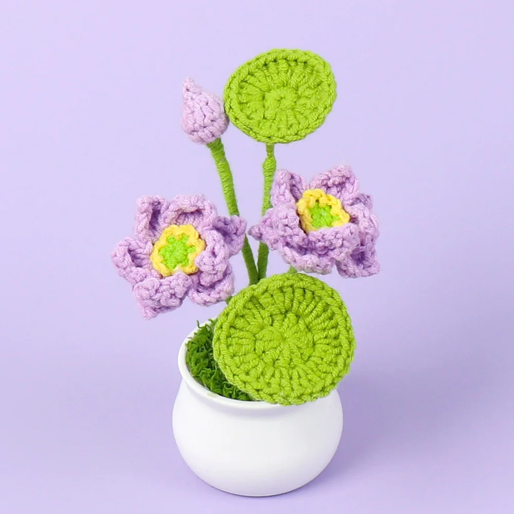 Wholesale Hand-woven Flower Bonsai Stems Floral Decor Artificial Plants Knitted Flower Bonsai Finished Crochet Lotus Mini Pot