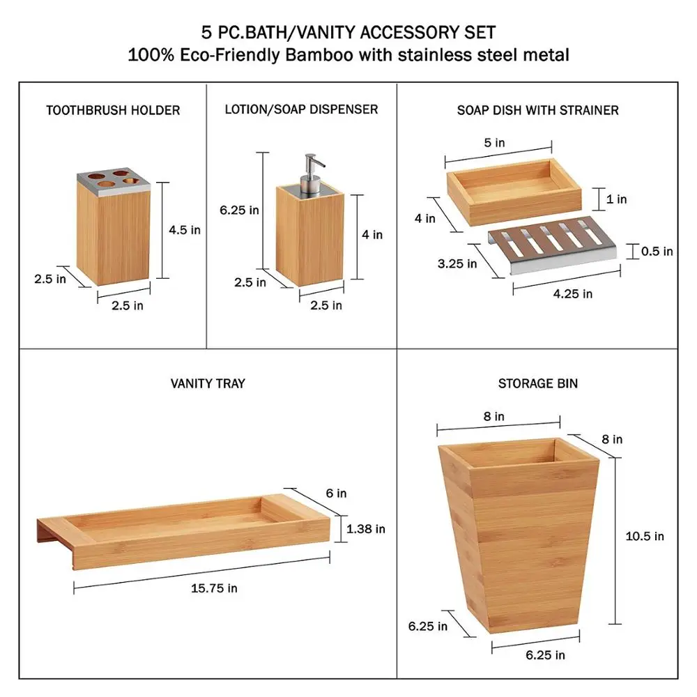 
Bamboo Bathroom Accessory Set With Tray Lotion Dispenser Soap Dish Toothbrush Holder And Wastebasket 
