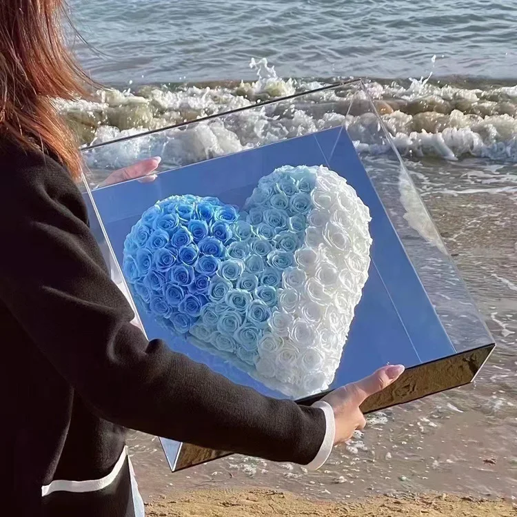 Wholesale Custom Shape Preserved Flower Box Roses Luxury Clear Mirror Acrylic Flower Box with Lid for Wedding Display