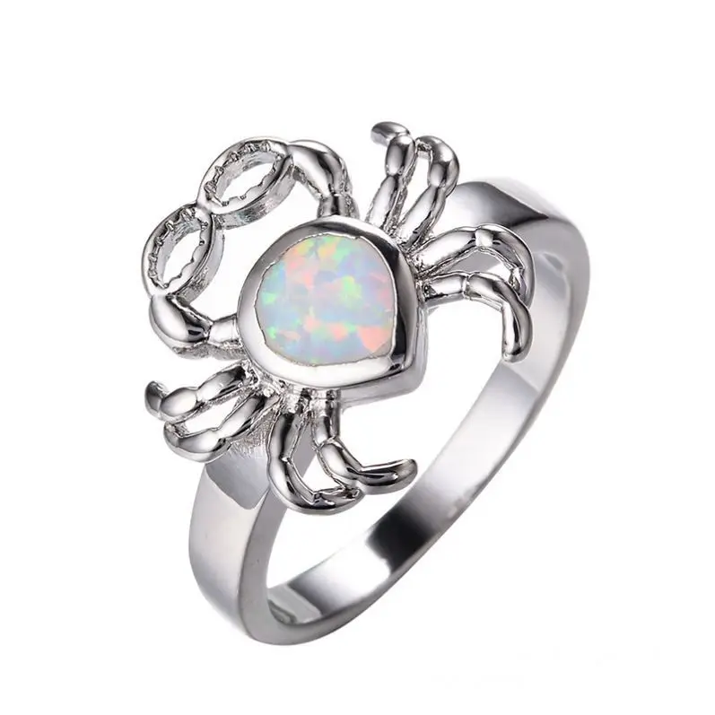 Wholesale August Rings Jewelry Women Silver Color Cute Animal Crab White/Blue Opal