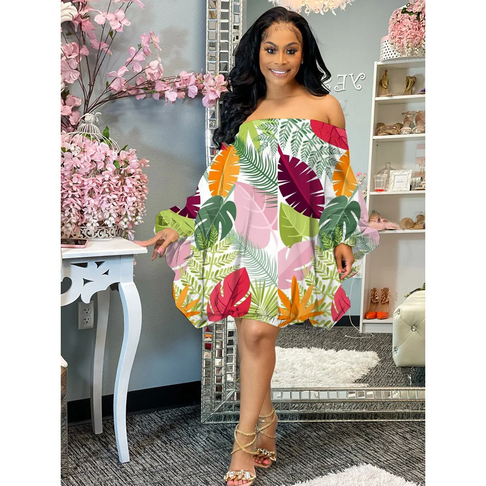 Fashion One Word shoulder Print Pattern Summer Dress Women Lantern Sleeve Loose Beach Dress Casual Elegant Dress
