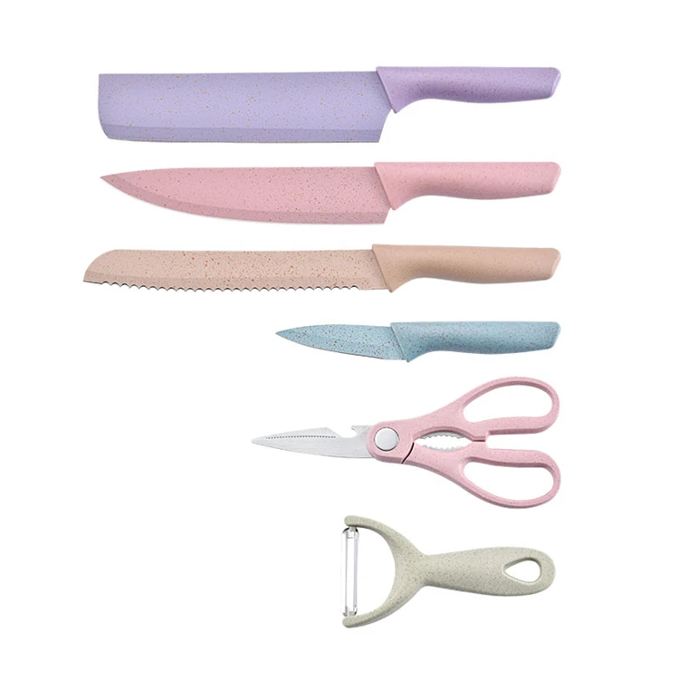 
Amazon hot selling wheat straw kitchen accessories colorful 6-Piece stainless steel kitchen knife set 
