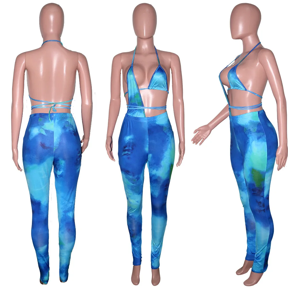 MD-2022051602    sexy bandage fashion sleeveless halter backless tie dye printed womans 2 piece set
