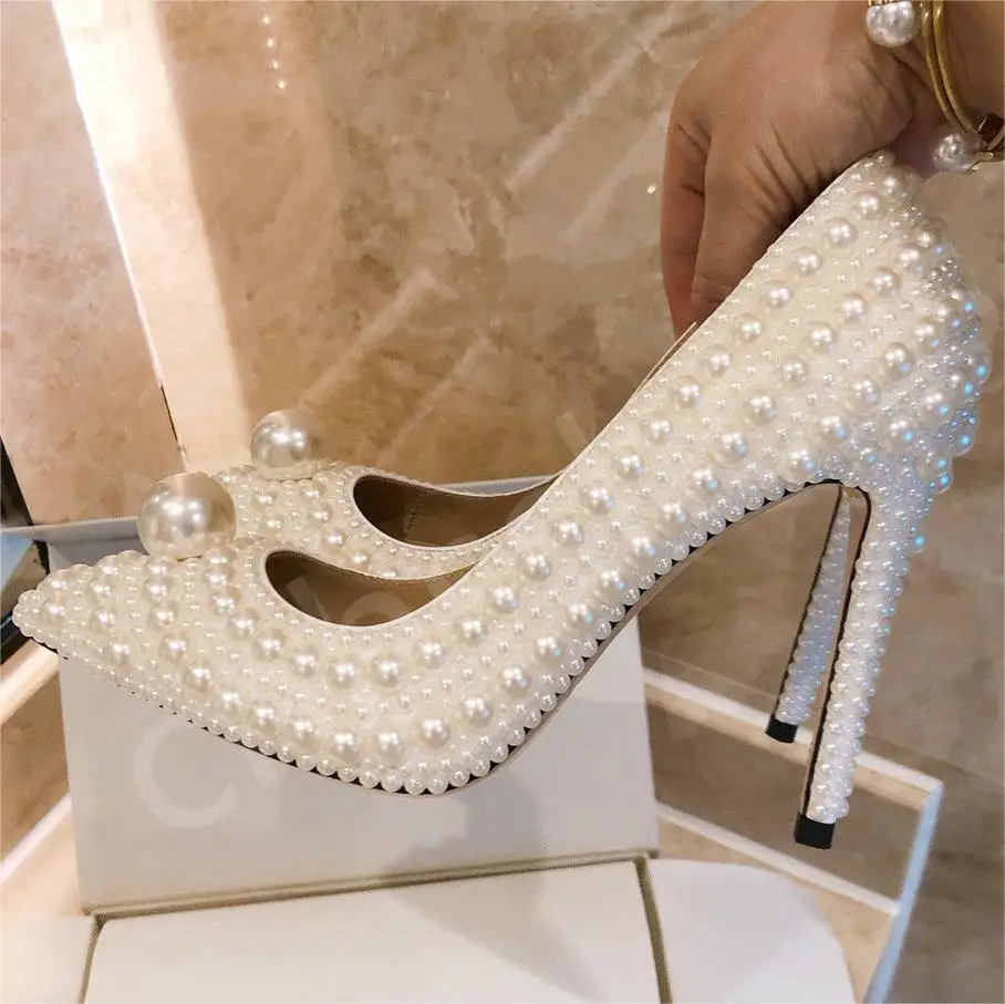 High Quality Women Pumps Fashion Pointed White Pearl High Heels 11cm Designer Heels Beige Bridal Wedding Stiletto Heels