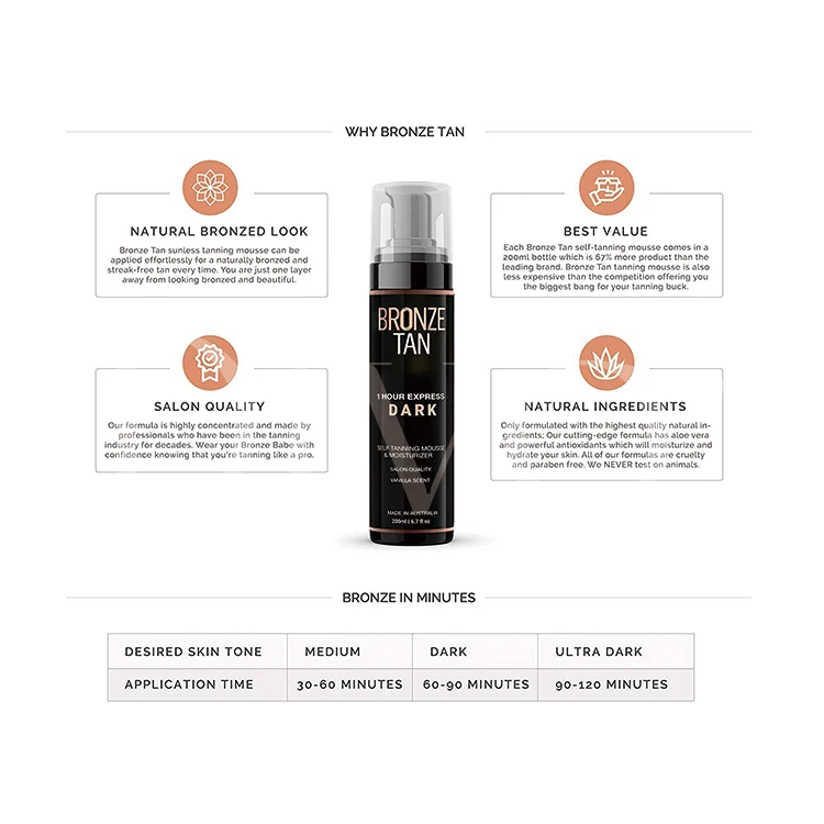 Sunless Self Tanner Organic Fake Tan Foam Spray Tanning Solution Body Bronze Self Tan Mousse