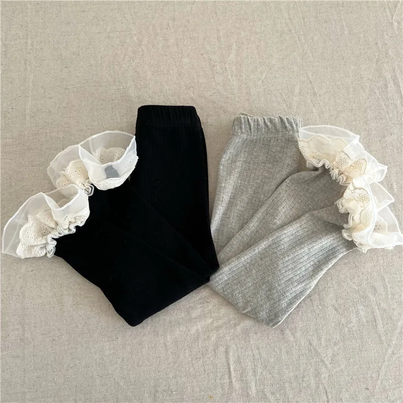 2023 Toddler Baby Girl Cute Black Gray Ruffle  Leggings Tights for 1-6 Years