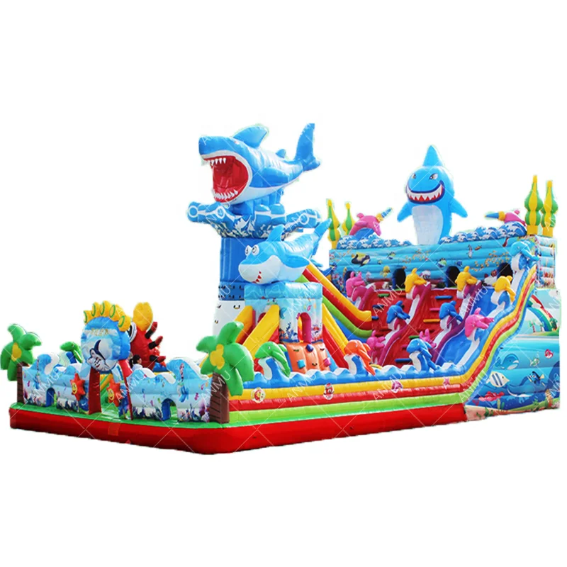 Factory wholesale 0.55mm plato PVC shark theme Inflatable castle slide Inflatable bouncer slide for kids