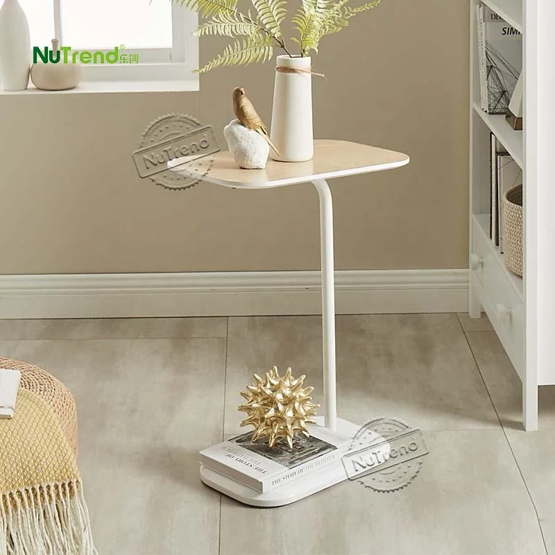 Wood Veneer Metal C-Shaped Small Living Room Sofa End Snack TV Tray Table  Modern C Side Table