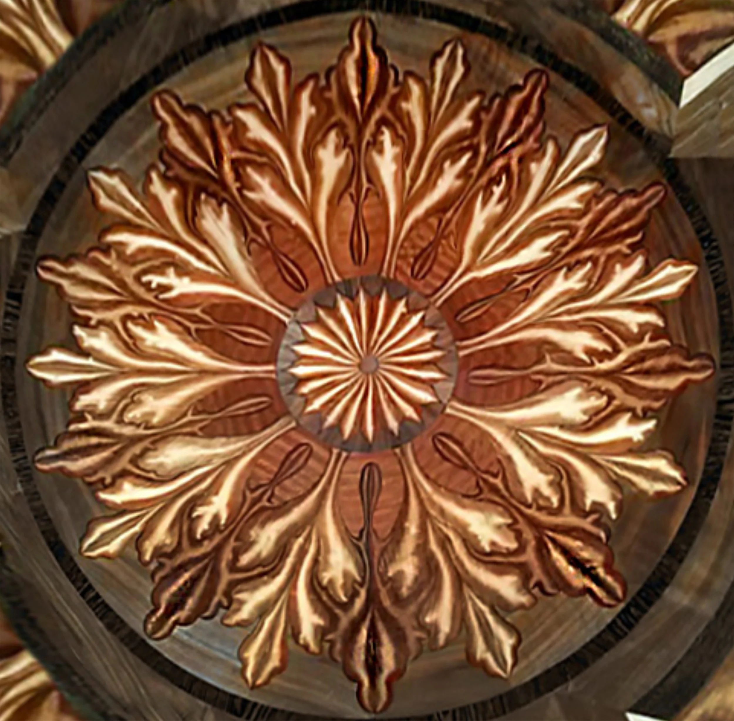 Hardwood floor medallions inlays for new and existing floors patterned design
