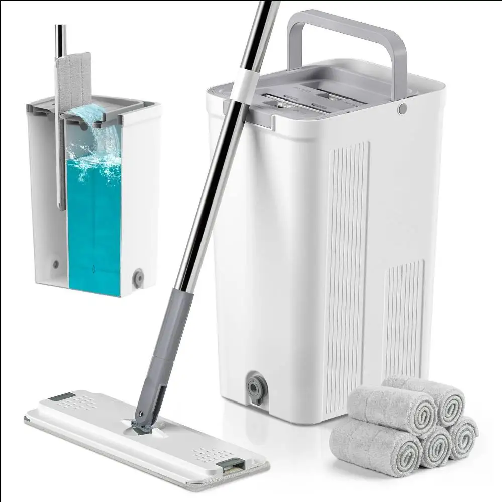Flat Mop and cleaning Bucket Set, Mop and Bucket with Wringer Set, with Long Handle Wet and Dry Use for Household Cleaning