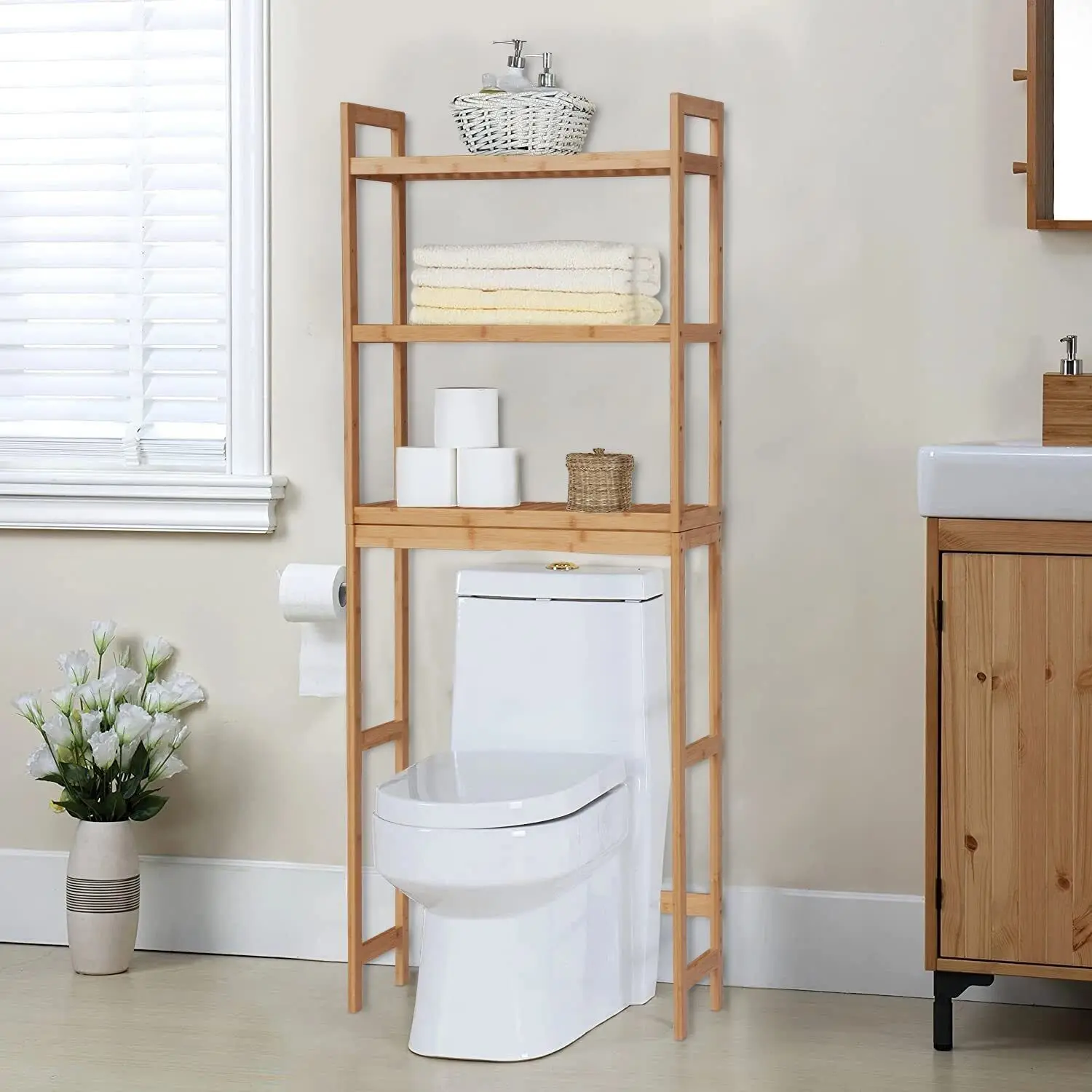 Customizable 3-Tier Bamboo Bathroom Cabinet Organizer Wooden Toilet Rack Over The Toilet Storage Rack Shelf