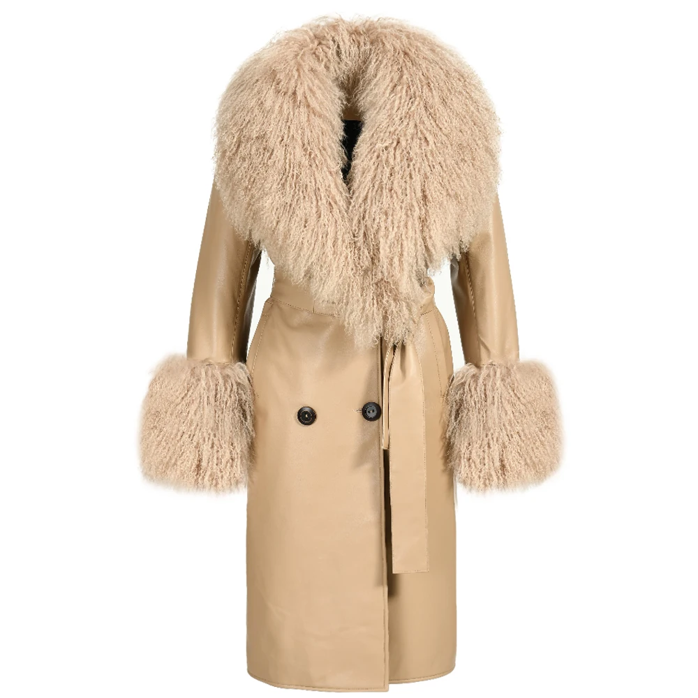 Factory Wholesale Genuine Sheepskin Leather Jackets With Real Mongolian Fur Collar And Cuffs Long Womens Leather Coats