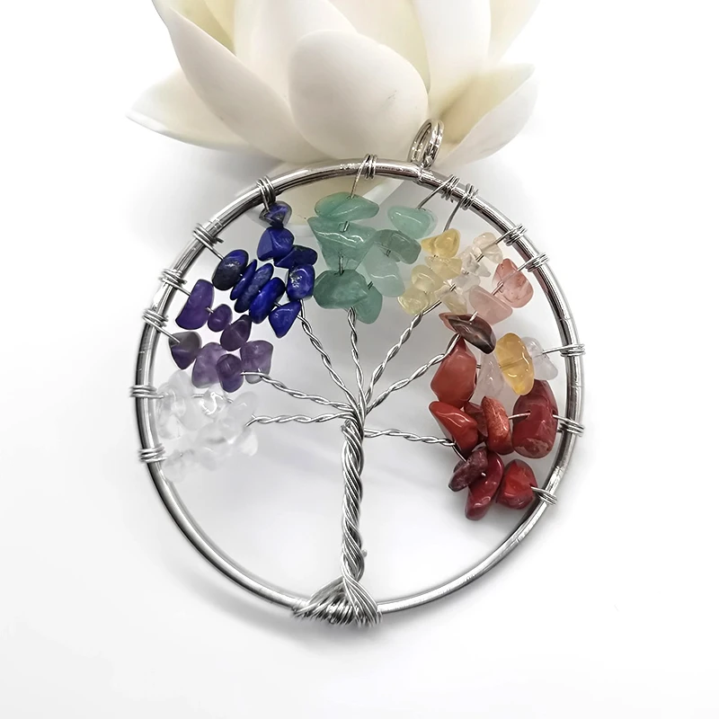 Tree of life Chakra Jewelry Pendants Natural Amethyst Rose Quartz Chakra Crystal Gemstone Necklace Pendant