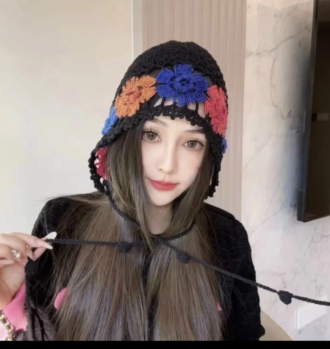 Fashionable Handmade Cotton Knitted Flower Hats Women Beanie Crochet Floral Net Mesh Rasta Hat