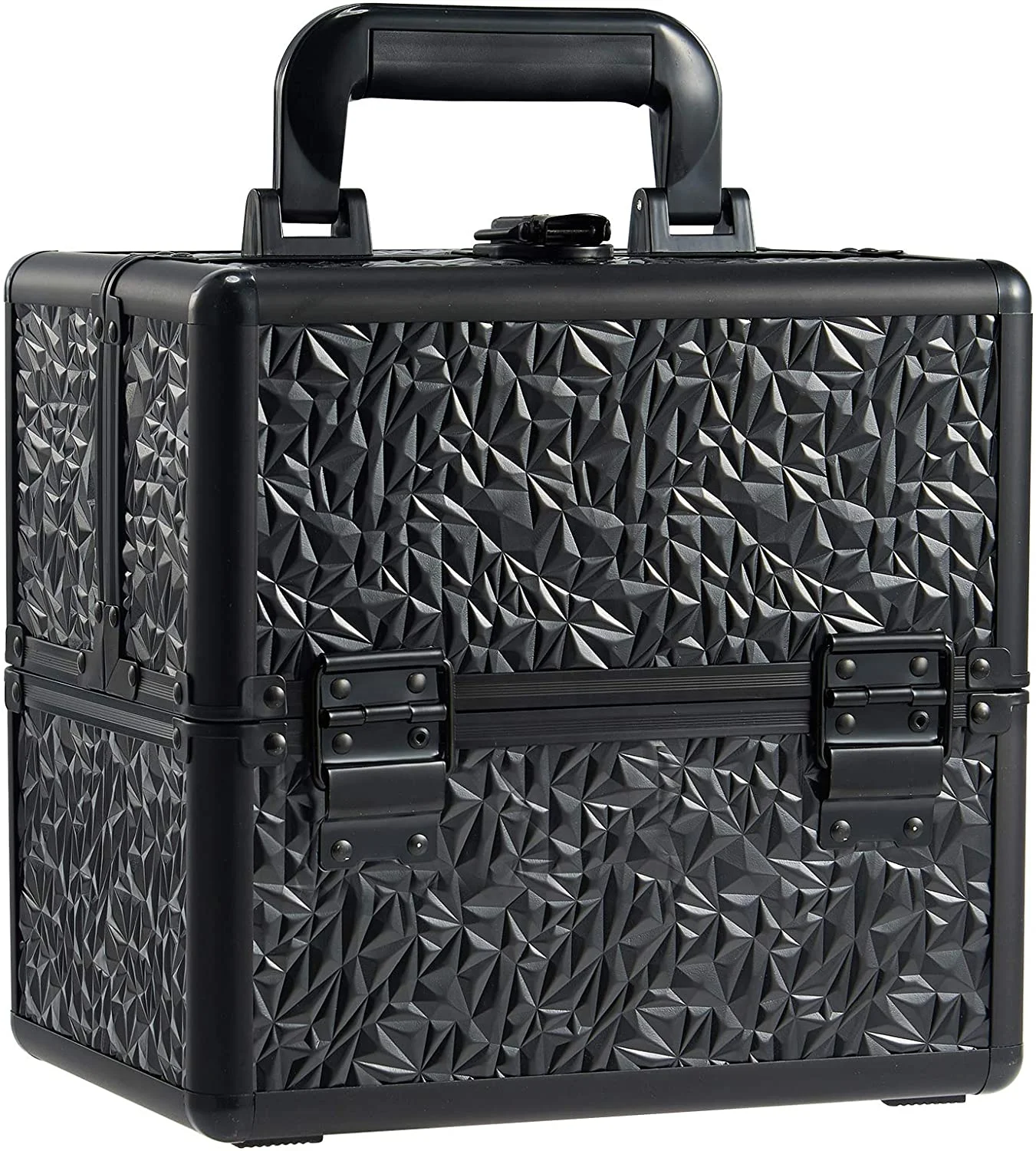 Black Makeup Train Case 4 Trays Fashionable Travel Cosmetic Box Lady ABS Aluminium Zipper Closure Handled Nylon PU Logo Storage