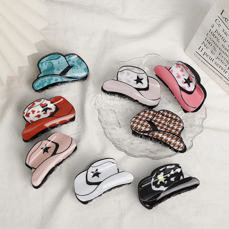 Fashion Western Checkered Leopard Cowboy Hat Boots Claw Clips Fancy Glitter Acetate Acrylic Claw Hair Clips for Women