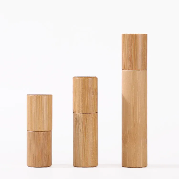 In stock, 3ml 5ml 10ml bamboo glass roll on bottle with steel roller and bamboo lid for cosmetics