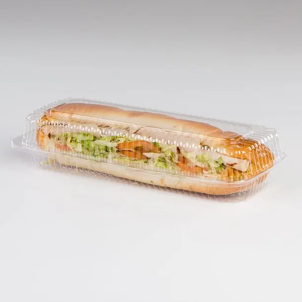 Clear OPS PET Plastic hinged food container clamshell packaging for hotdog bread packaging