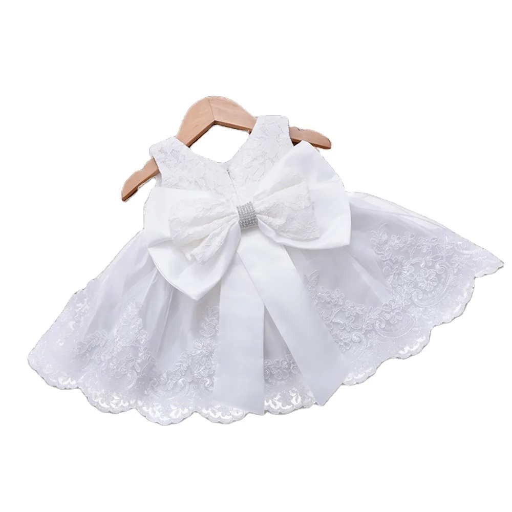 M190 Cute Bow Kids Baby Girl Baptism Dress V-back Sleeveless Toddler Ball Gown Christening Dress For Baby Girl