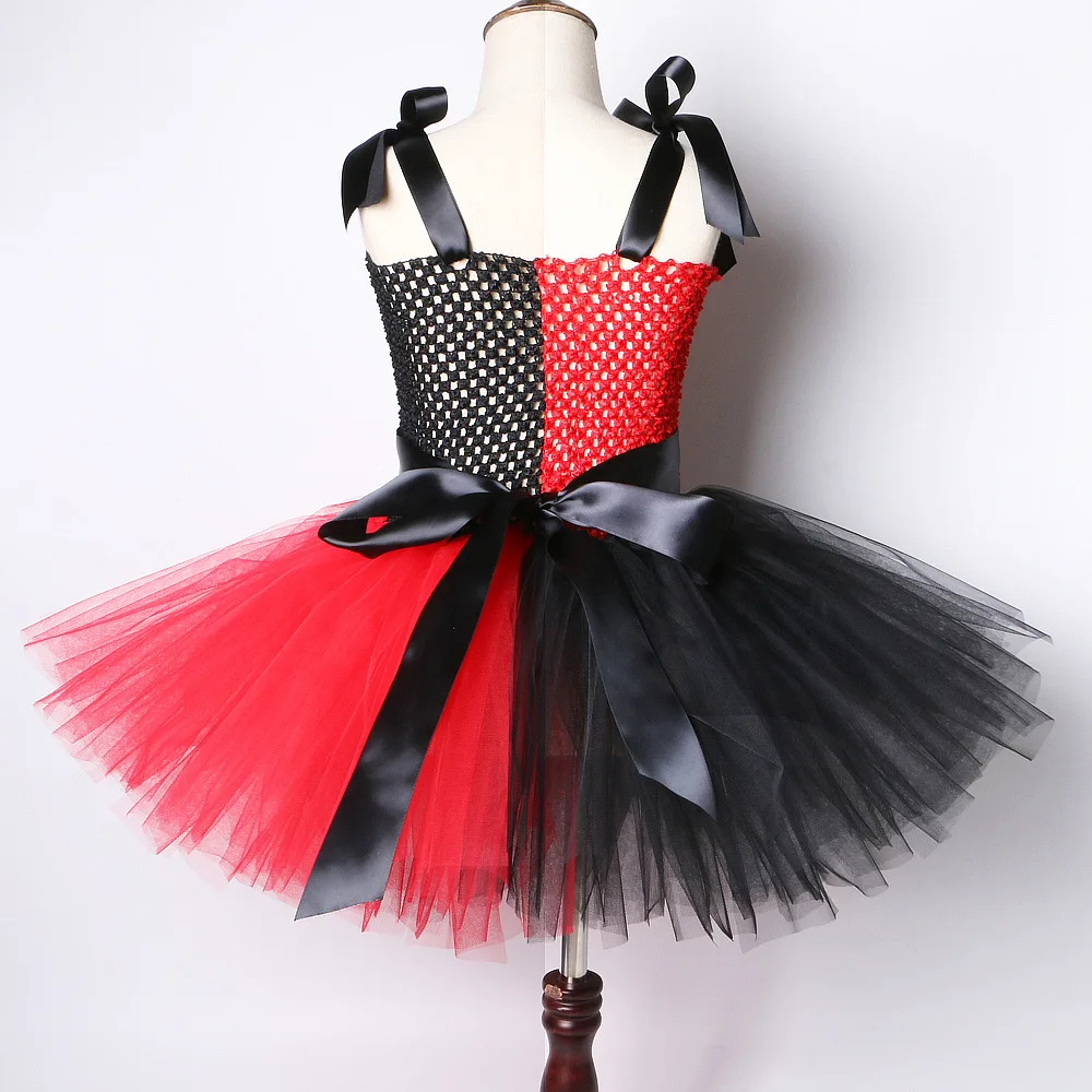 Halloween TV & Movie Costumes Kid Red And Black Clown Mesh Tutu Dress Cosplay Revenge Girl Stage Performer Dress with Headband