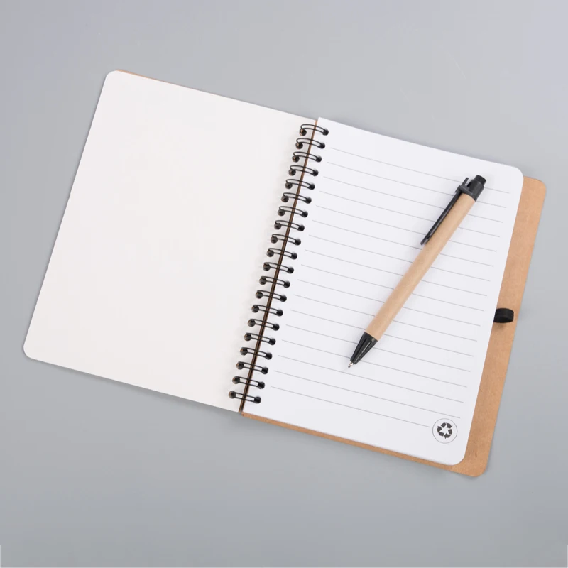 Custom notebook manufacturer recycled paper spiral binding notebook 80 lined sheets with recycled pen