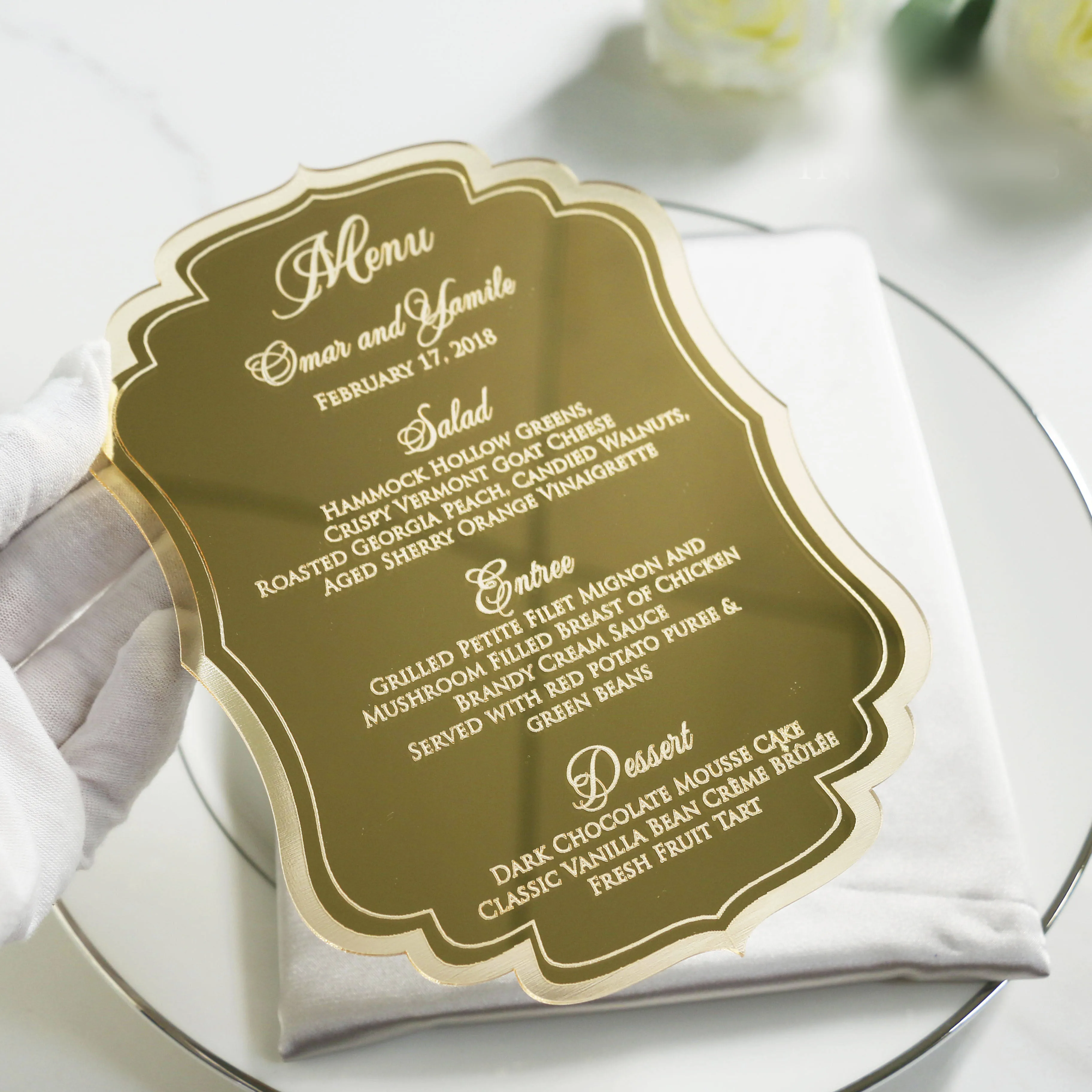 Custom Gold Engraved Script Writing Mirror Acrylic Menu Decoration Party Event Wedding Dinner Menu Cards