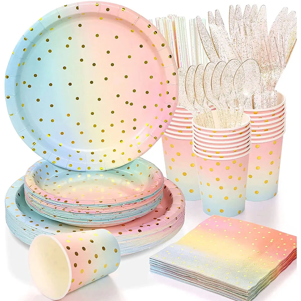 Gradient Foil Stamping Polka Dot Theme Birthday Wedding Party Disposable Tableware