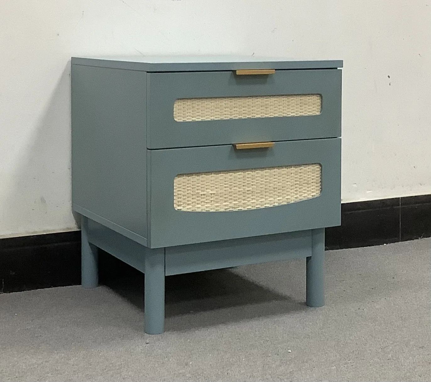 Modern Real Rattan Wooden Bedside Nightstand Side Table with 2 rattan cabinet Drawers Design Blue Customized Wood Style