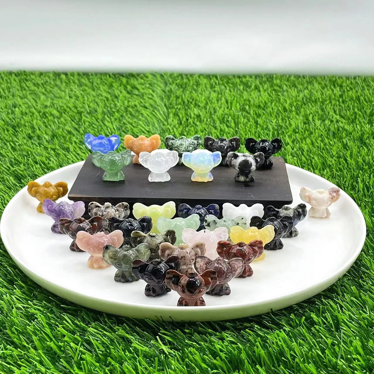Natural carving Cartoon Statue Reiki Crystal Crafts Rose Quartz Labradorite Stitch Figurine for Gift