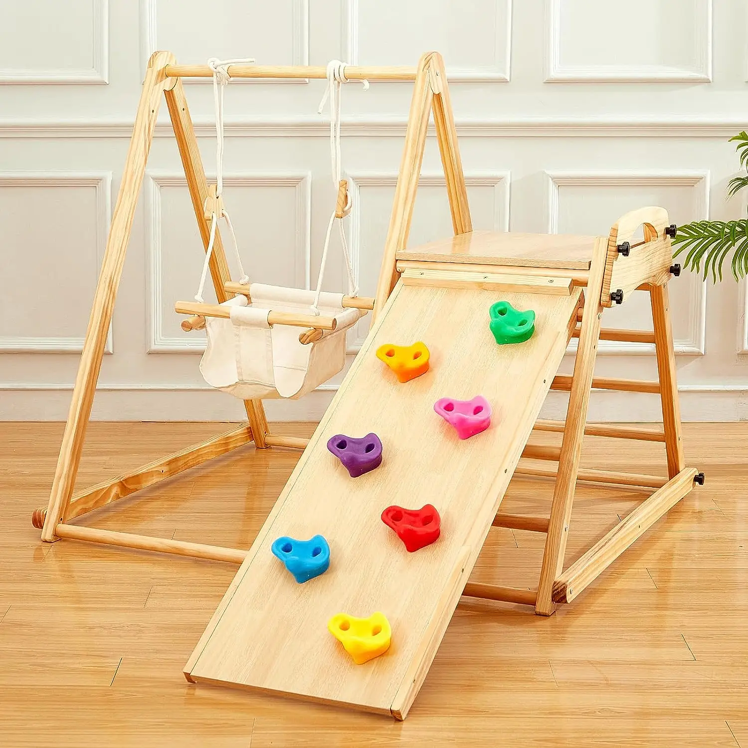 Indoor Playground Foldable Montessori Jungle Gym 4-in-1 Wooden Toddler Swing and Slide Set For Toddlers