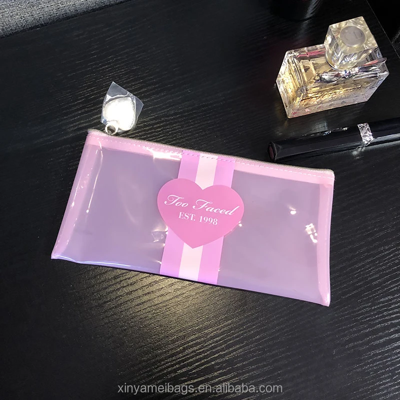 custom  recycled plastic colored pvc small clear neon pink cosmetic bag with metal puller