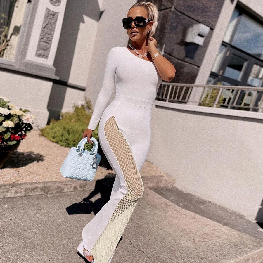 HO 2024 Solid One Shoulder Hollow Out Wide Leg Pants One Piece Jumpsuit Women