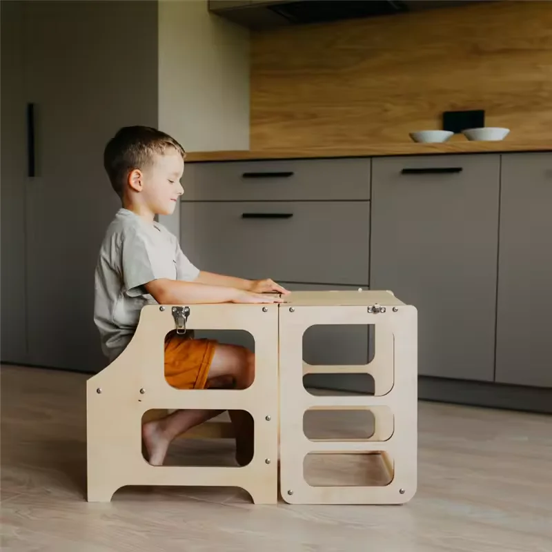 Montessori Foldable Wooden High Chair Set Transformable Toddler Tower & Kids Desk Chair for Kitchen for Learning & Play