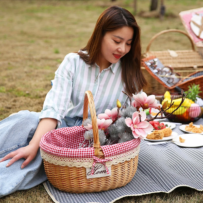 Outdoor Garden Gift Fruit Wicker Hamper Basket With Flowers
